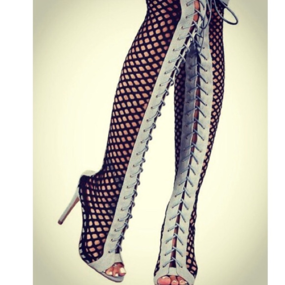 Fishnet /denim lace up over the knee heels/boots